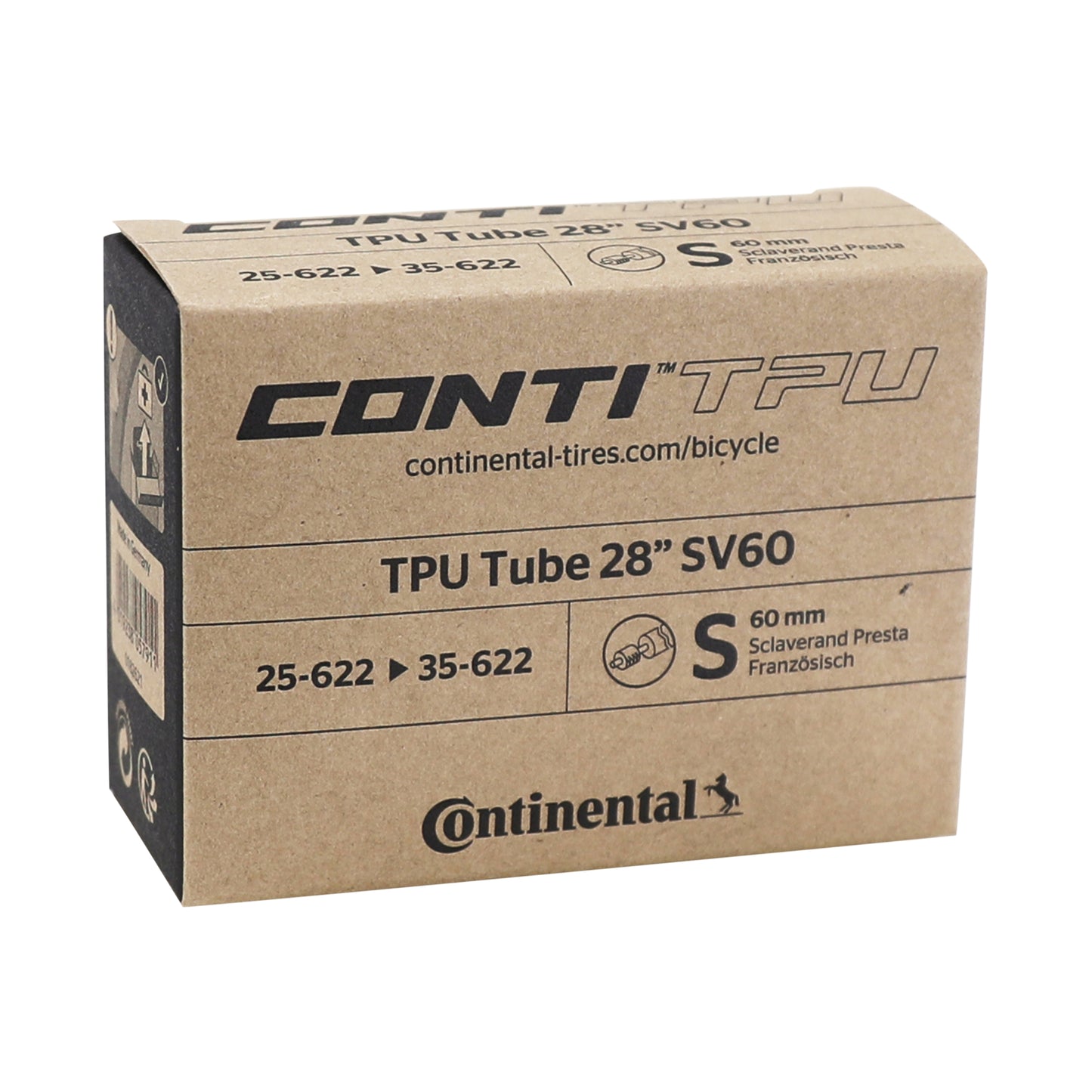 Bicycle inner tube 700 x 25-35 Continental TPU Presta valve 60mm removable core (with repair kit)