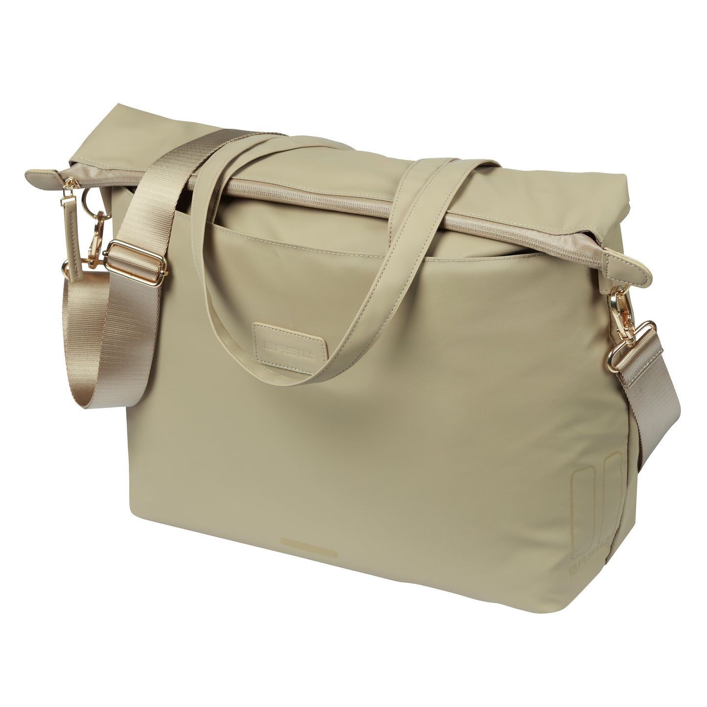 Sacoche arrière vélo latérale sac ordinateur portable Basil manhattan waterproof beige droit-gauche 12l fixation hook ON 12x38x30cm fermeture pliante anti-pluie
