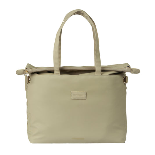 Sacoche arrière vélo latérale sac ordinateur portable Basil manhattan waterproof beige droit-gauche 12l fixation hook ON 12x38x30cm fermeture pliante anti-pluie