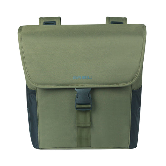 Sacoche arrière vélo double Basil go vert fonce 32l fixation hooks ON pour porte bagage compatible système mik fixation non inclus