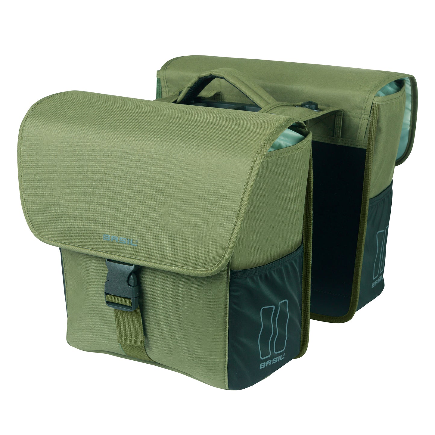 Basil Go Double Bicycle Rear Bag Dark Green 32L Hooks ON Attachment for Mik System Rack, Fixings Included
