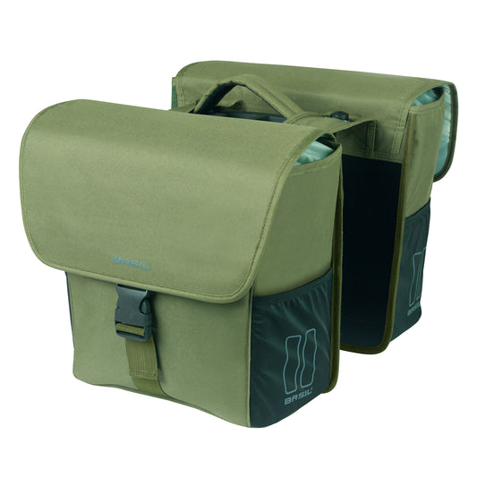 Sacoche arrière vélo double Basil go vert fonce 32l fixation hooks ON pour porte bagage système mik fixation inclus