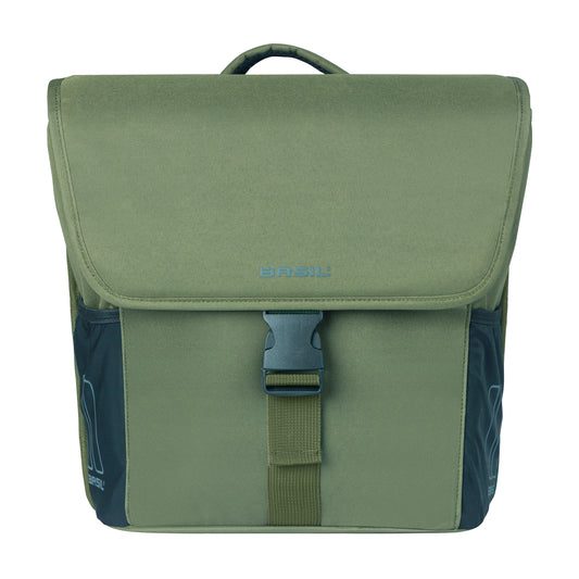 Sacoche arrière vélo double Basil go vert fonce 32l fixation hooks ON pour porte bagage système mik fixation inclus