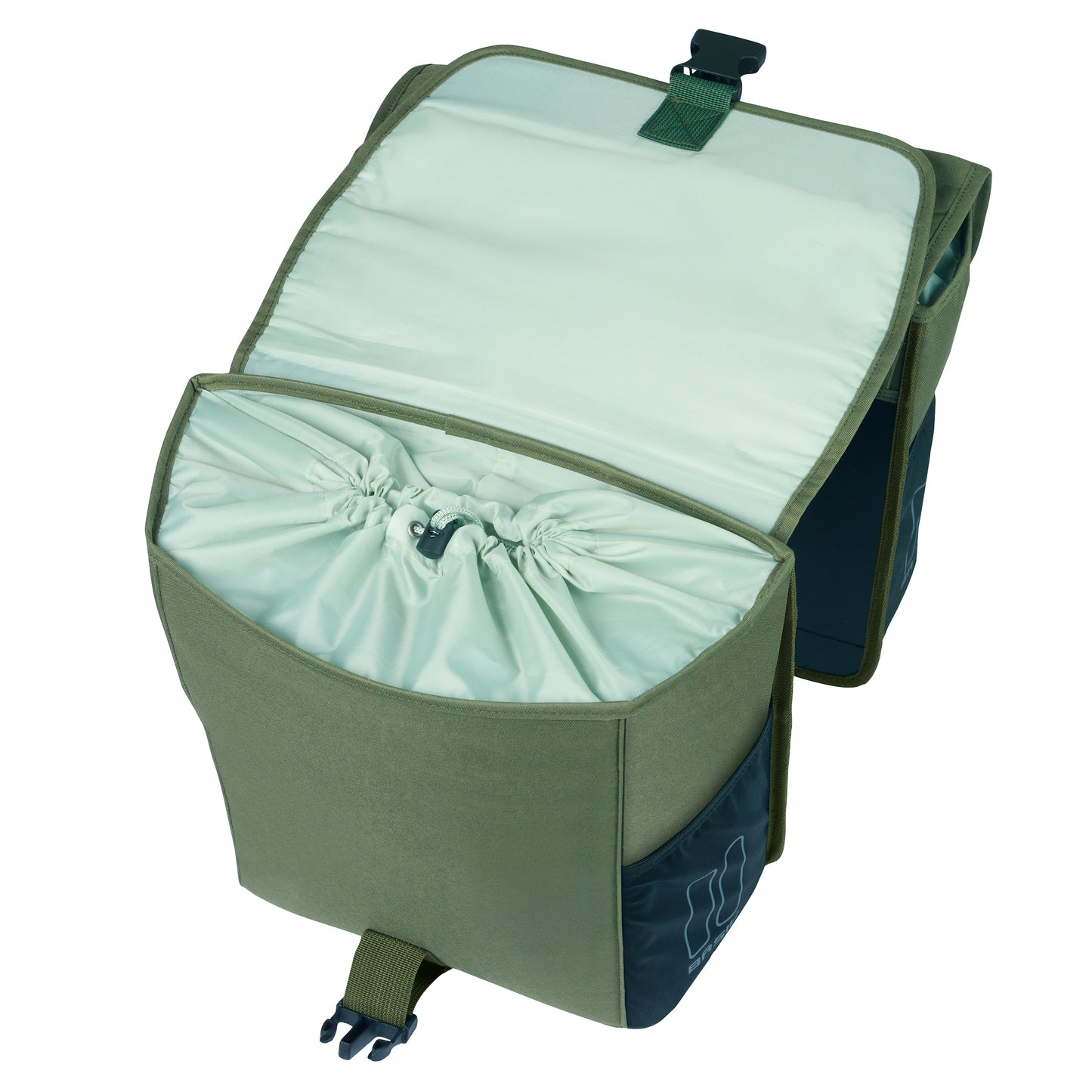 Basil Go Double Bicycle Rear Bag Dark Green 32L Hooks ON Attachment for Mik System Rack, Fixings Included