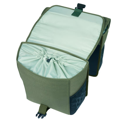 Basil Go Double Bicycle Rear Bag Dark Green 32L Hooks ON Attachment for Mik System Rack, Fixings Included