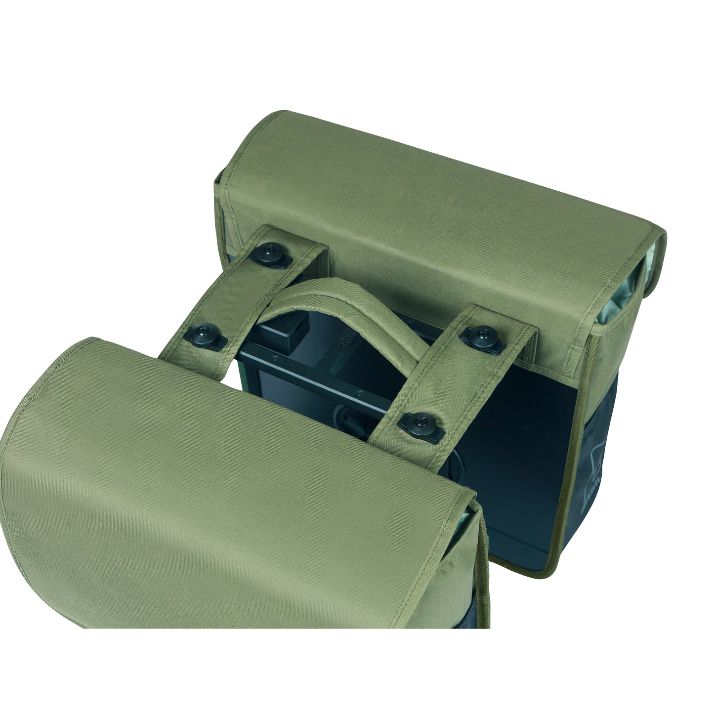 Basil Go Double Bicycle Rear Bag Dark Green 32L Hooks ON Attachment for Mik System Rack, Fixings Included