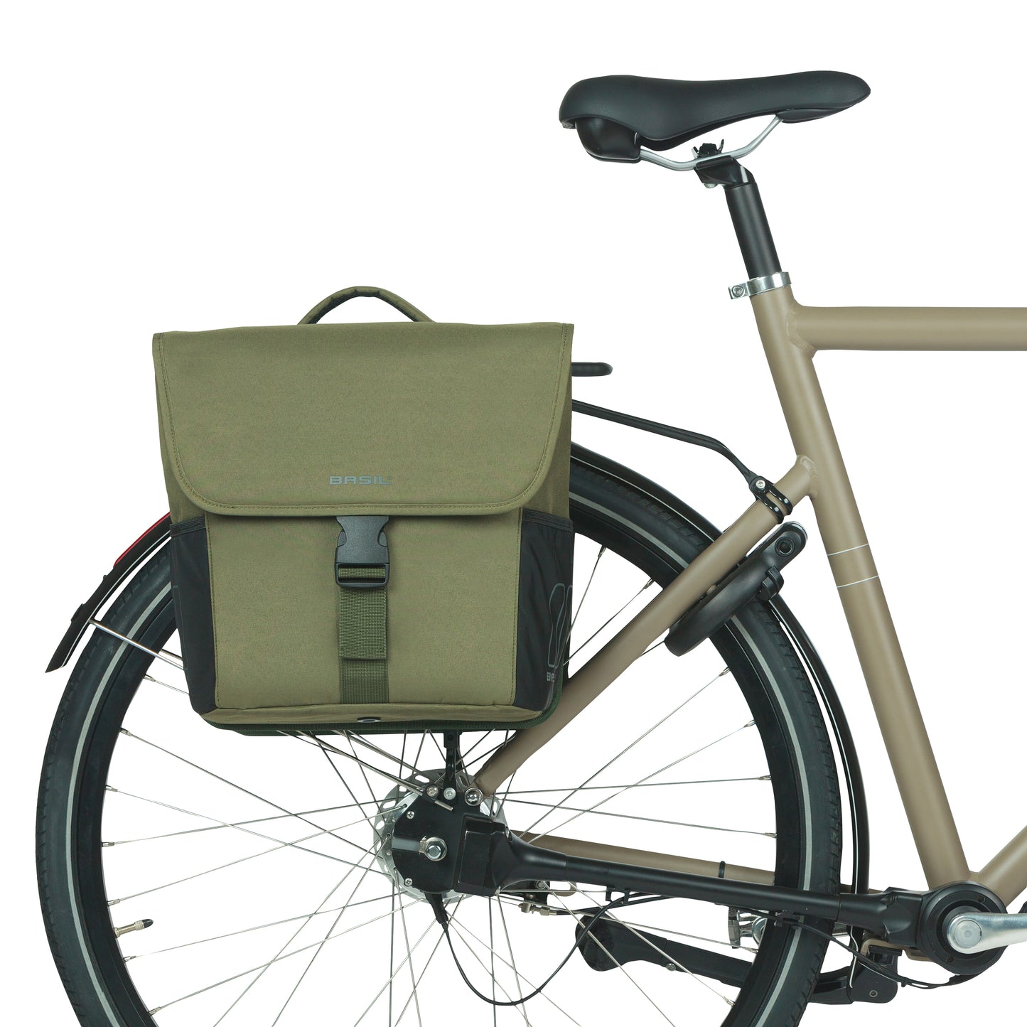 Basil Go Double Bicycle Rear Bag Dark Green 32L Hooks ON Attachment for Mik System Rack, Fixings Included