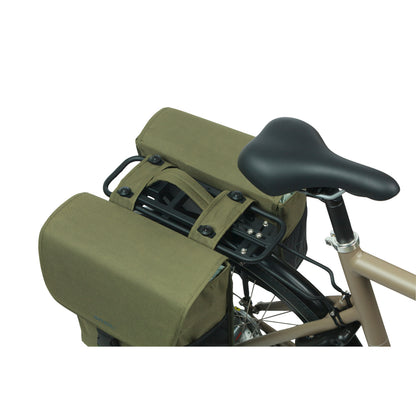 Basil Go Double Bicycle Rear Bag Dark Green 32L Hooks ON Attachment for Mik System Rack, Fixings Included