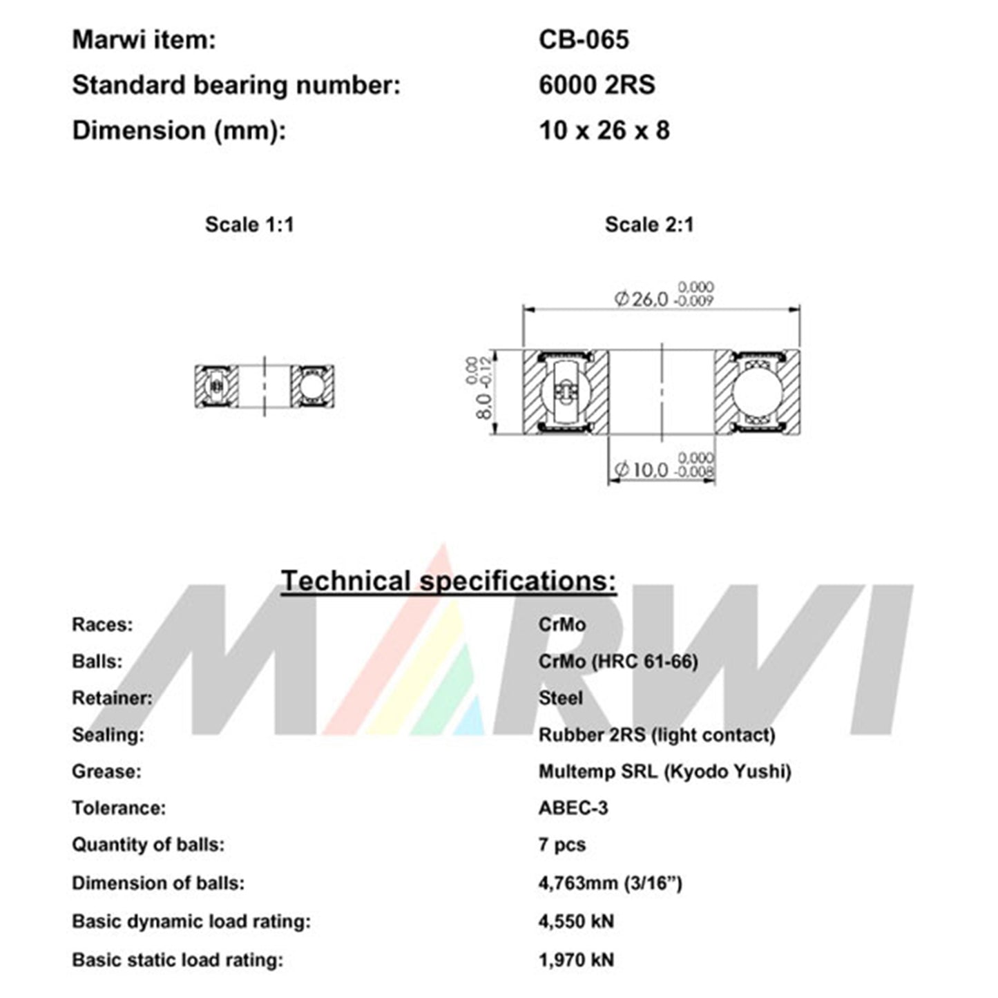 Bearing Marwi 6000 2RS 10x26x8 CB-065 x10