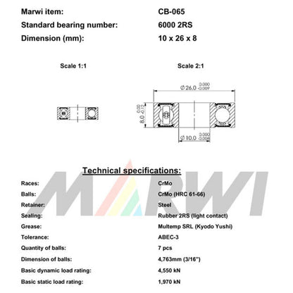 Bearing Marwi 6000 2RS 10x26x8 CB-065 x10
