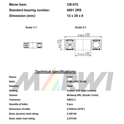 Roulement Marwi 6001 2RS 12x28x8 CB-075 x10 Mavic