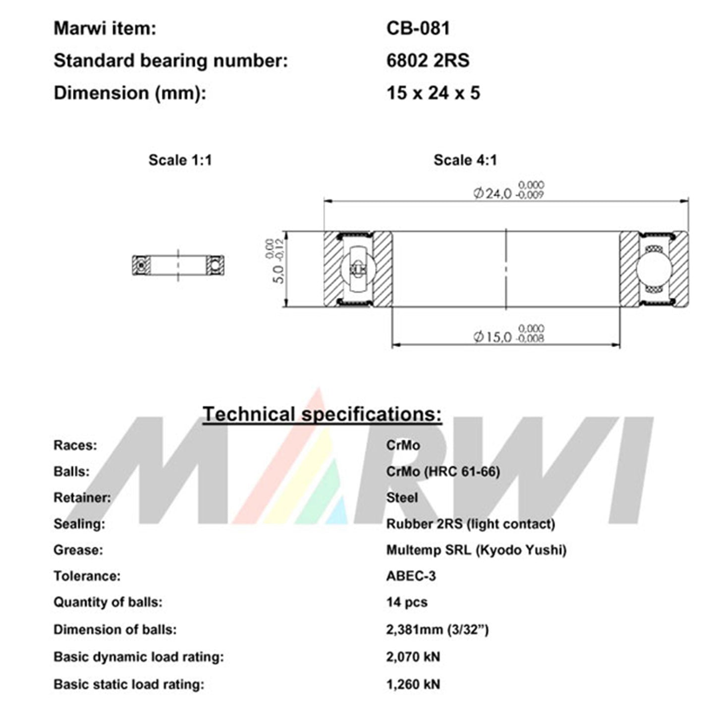Roulement Marwi 6802 2RS 15x24x5 CB-081 x10 SRAM
