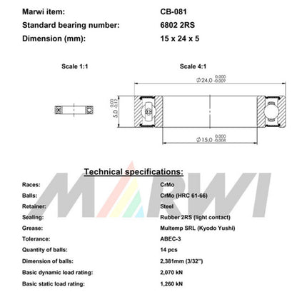 Roulement Marwi 6802 2RS 15x24x5 CB-081 x10 SRAM
