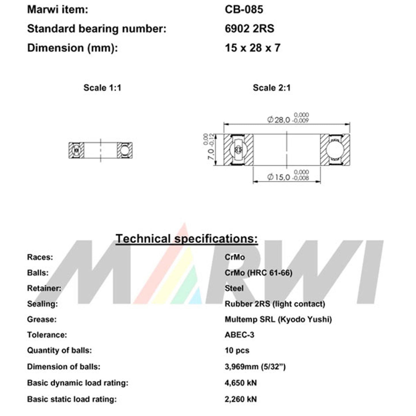 Roulement Marwi 6902 2RS 15x28x7 CB-085 x10 Mavic