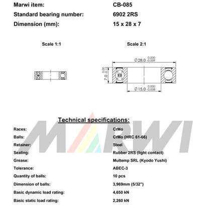 Roulement Marwi 6902 2RS 15x28x7 CB-085 x10 Mavic