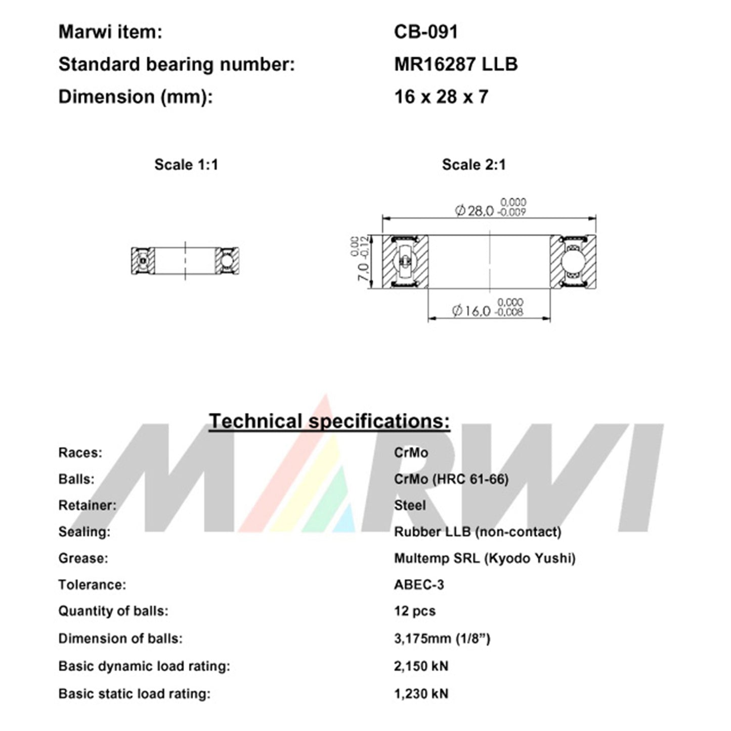 Roulement Marwi 16287 2RS 16x28x7 CB-091 x10