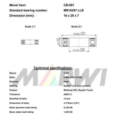 Roulement Marwi 16287 2RS 16x28x7 CB-091 x10