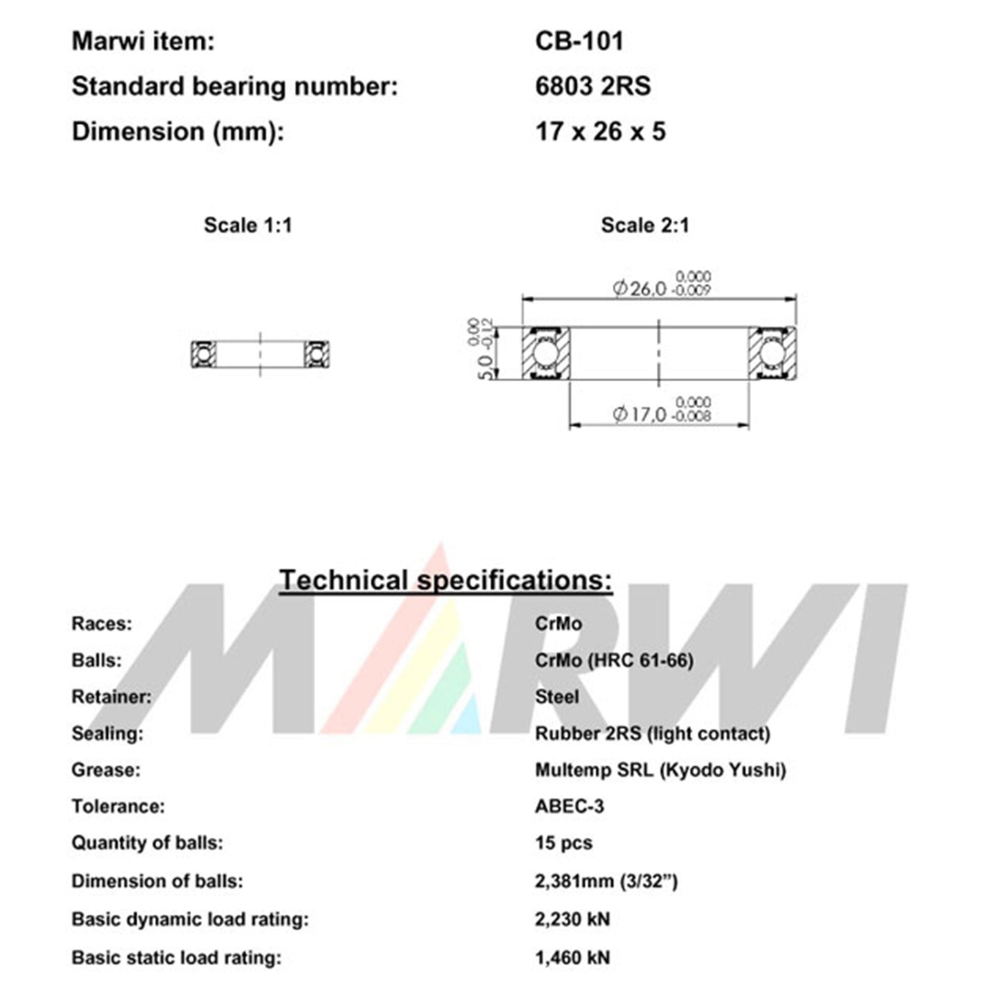 Marwi 6803 2RS 17x26x5 CB-101 Bearings x10