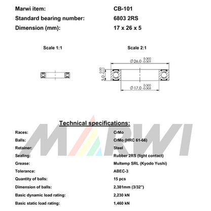 Marwi 6803 2RS 17x26x5 CB-101 Bearings x10