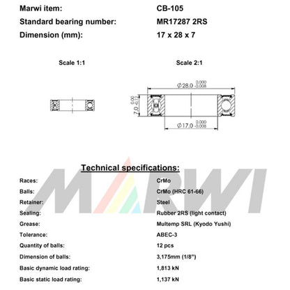 Roulement Marwi 17287 2RS 17x28x7 CB-105 x10 Mavic