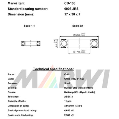 Roulement Marwi 6903 2RS 17x30x7 CB-106 x10 Mavic