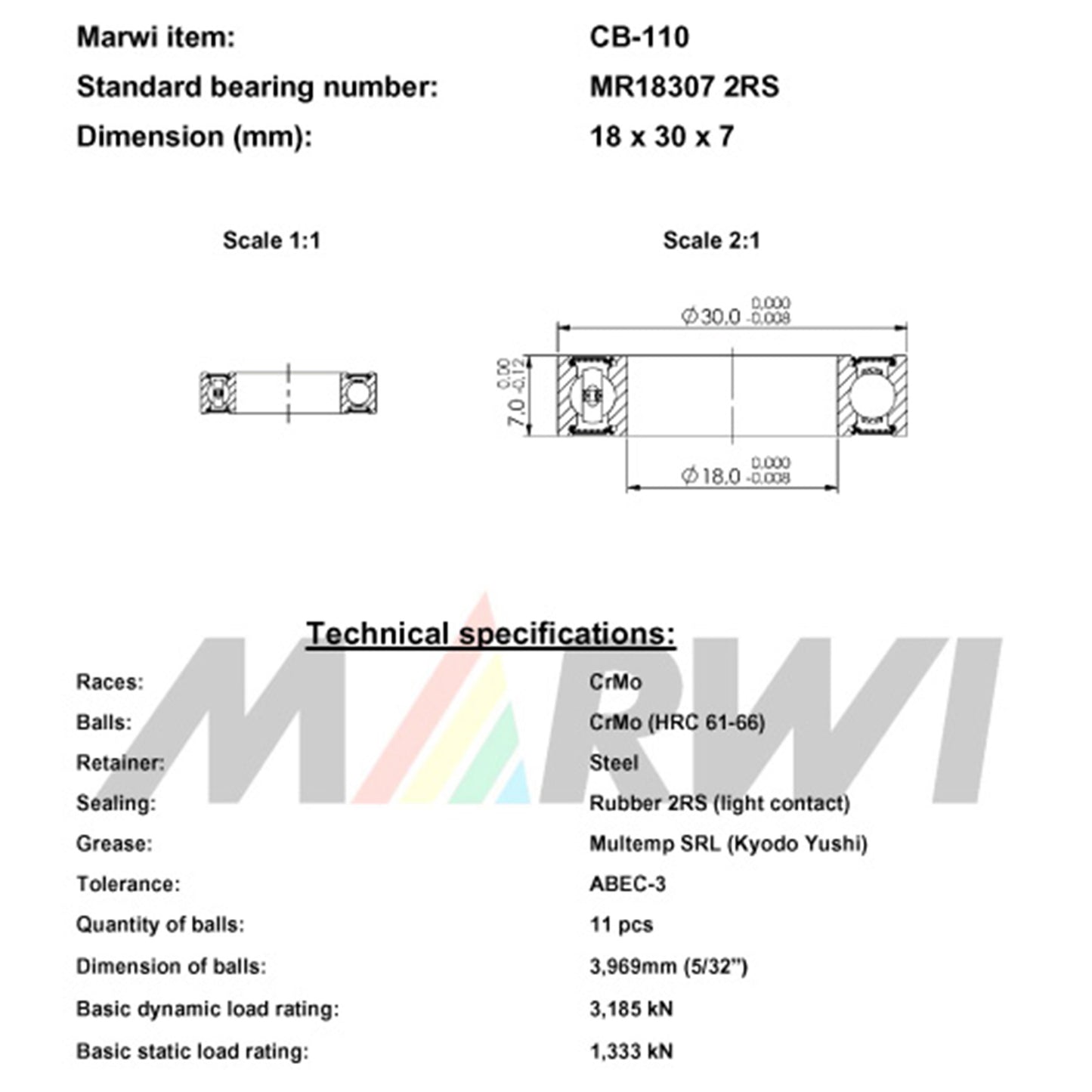 Roulement Marwi 18307 2RS 18x30x7 CB-110 x10 Mavic
