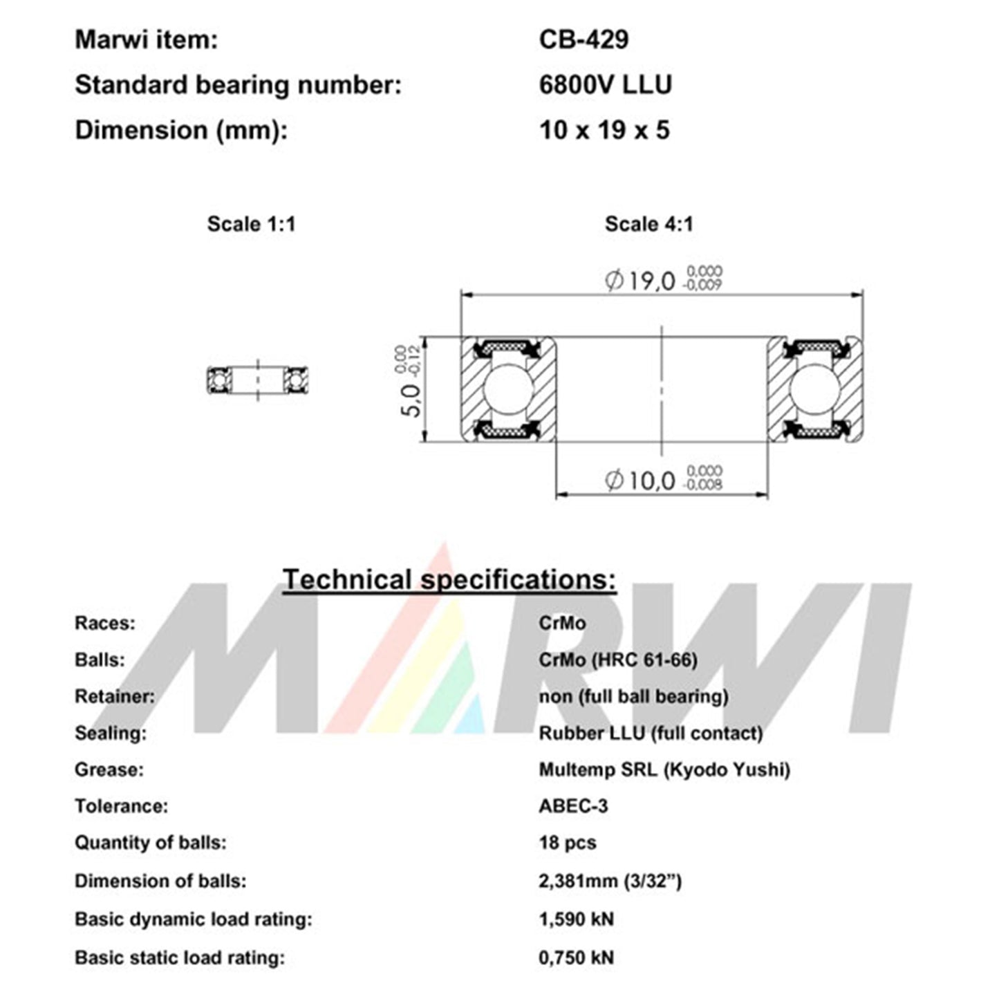 Bearing Marwi frame 6800V LLU 10x19x5 CB-429 x10