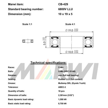 Bearing Marwi frame 6800V LLU 10x19x5 CB-429 x10