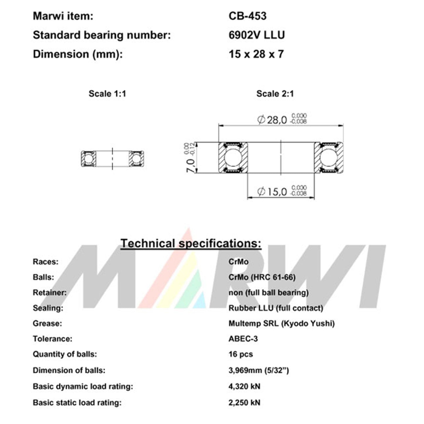 Marwi frame bearing 6802V LLU 15x24x5 CB-450 x10