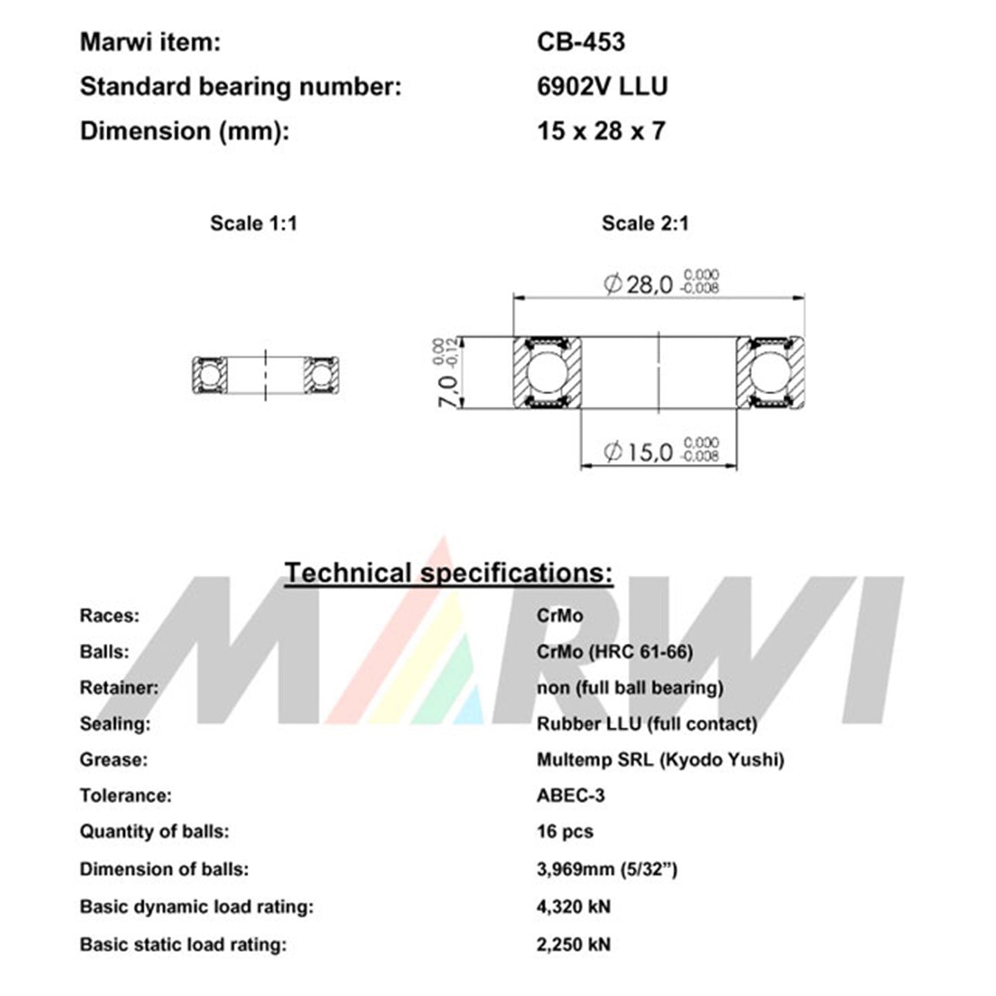 Roulement Marwi cadre 6902V LLU 15x28x7 CB-453 x10