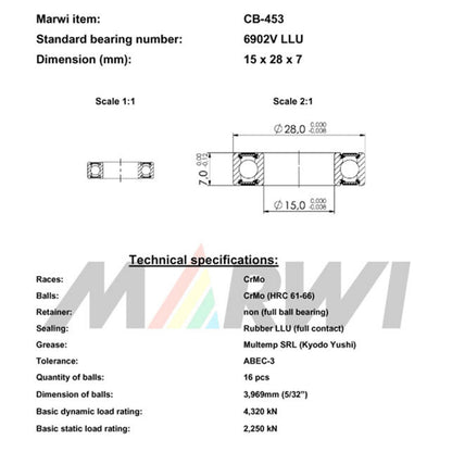 Roulement Marwi cadre 6902V LLU 15x28x7 CB-453 x10