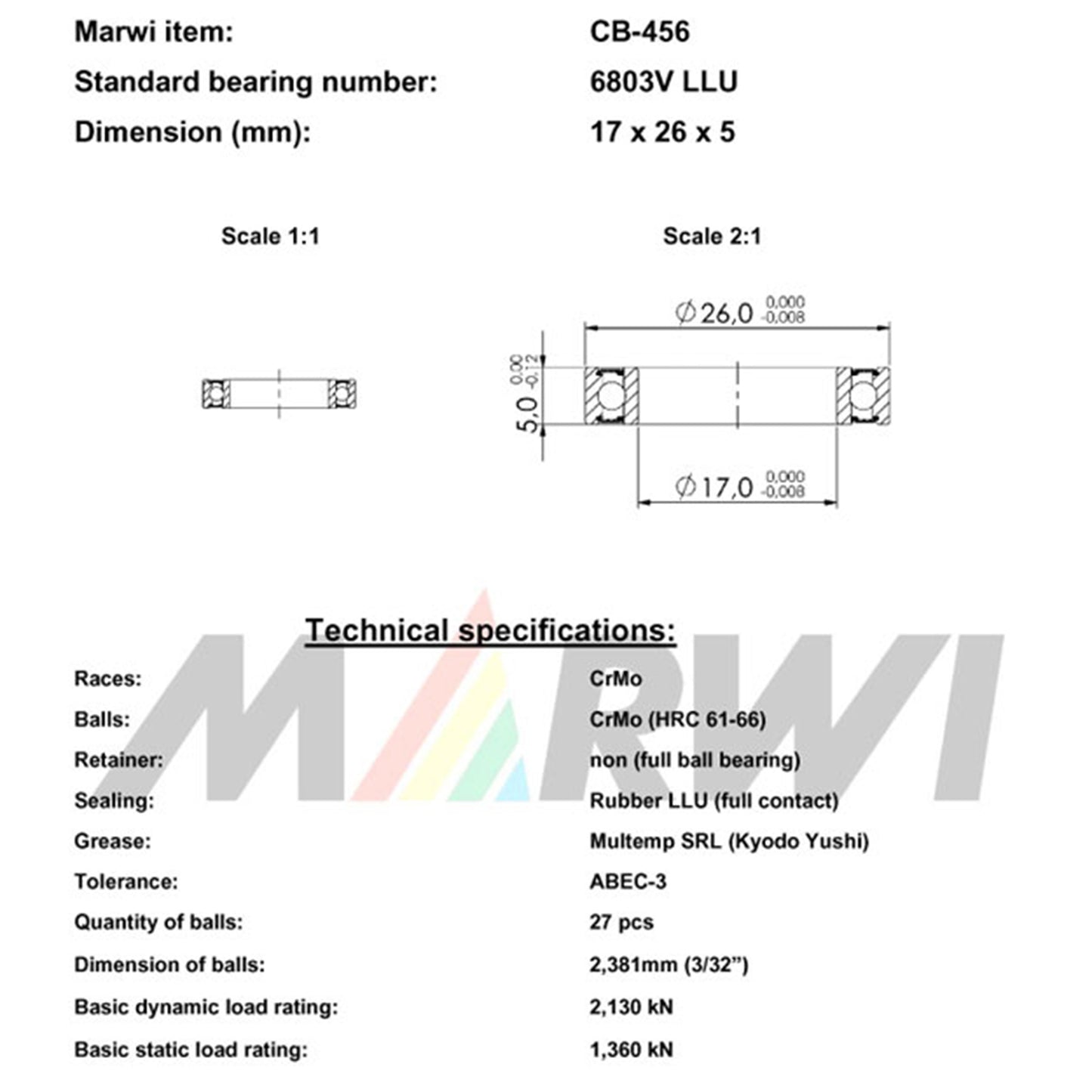 Roulement Marwi cadre 6803V LLU 17x26x5 CB-456 x10