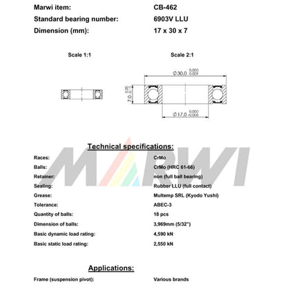 Roulement Marwi cadre 6903V LLU 17x30x7 CB-462 x10