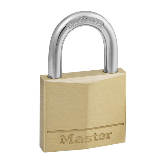 Masterlock brass padlock, hardened steel shackle, 30mm width, 16mm shackle clearance, 5mm diameter, double locking, sold individually