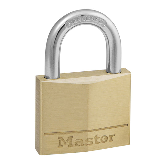 Masterlock brass padlock, case-hardened steel shackle, 40mm wide, 22mm shackle, 6mm diameter, double locking, sold individually