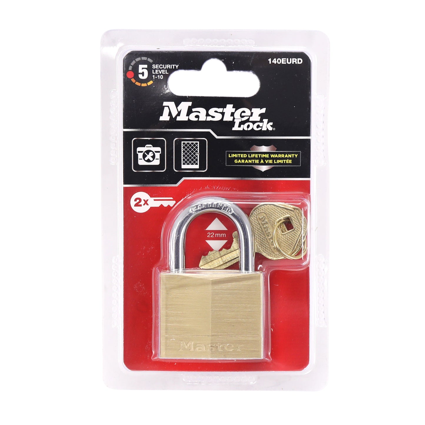 Cadenas à clé Masterlock laiton anse acier cémente largeur 40mm, anse 22mm, diam 6mm double verrouillage vendu à l'unité