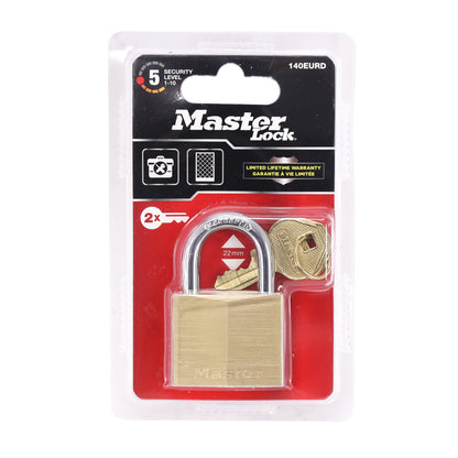 Cadenas à clé Masterlock laiton anse acier cémente largeur 40mm, anse 22mm, diam 6mm double verrouillage vendu à l'unité