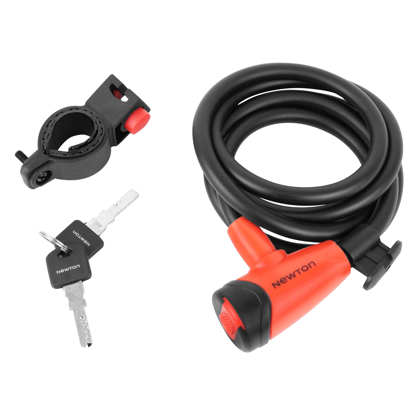 Antivol vélo spiral à clé Newton diam 10 mm l 1.50 m noir-rouge avec support + 2 clés -niveau sécurité 4-