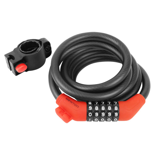 Newton spiral combination bike lock, 12 mm diameter, 1.50 m long, black-red with bracket -security level 3-