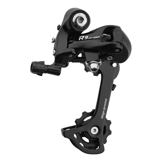 Microshift 9-speed medium cage screw-on rear road derailleur.
