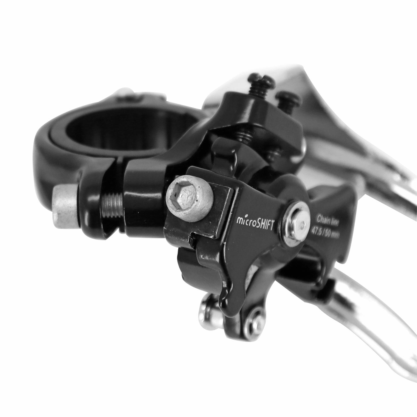 Microshift 7-8 speed mountain bike front derailleur, 34.9 clamp for triple chainring 42x34x24, top-bottom pull with 28.6 adapter clamp