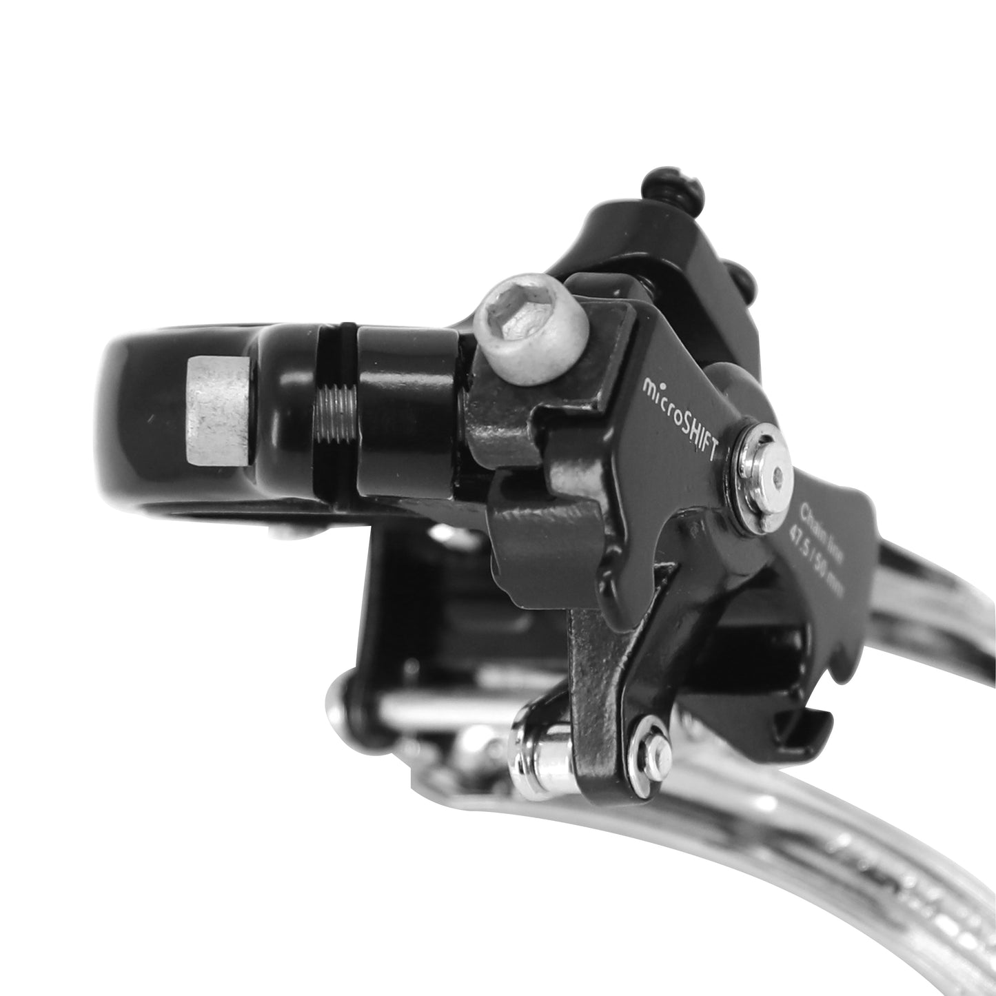 Dérailleur VTT avant Microshift 7-8v. à collier 34.9 pour triple plateau 42x34x24 tirage haut-bas avec collier adaptateur 31.8