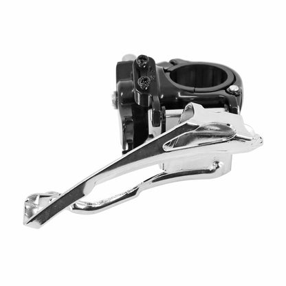 Microshift 7-8 speed MTB front derailleur with 34.9 clamp for 48x38x28 triple chainring, top-bottom pull with 28.6 adapter clamp