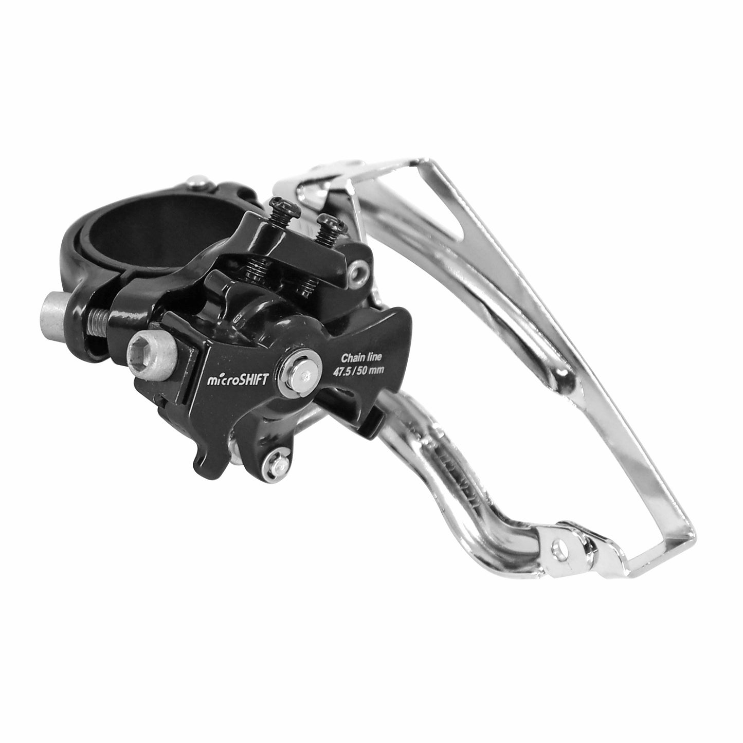 Microshift 7-8 speed MTB front derailleur with 34.9 clamp for 48x38x28 triple chainring, top-bottom pull with 31.8 adapter clamp