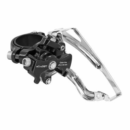 Microshift 7-8 speed MTB front derailleur with 34.9 clamp for 48x38x28 triple chainring, top-bottom pull with 31.8 adapter clamp