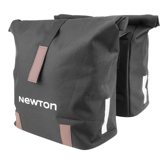 Newton black 22L double rear bike pannier with strap fastening to luggage rack 35x12x27cm anti-rain roll-top closure