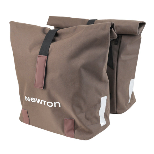 Newton brown 22L double bicycle pannier with strap fastening to luggage rack 35x12x27cm, anti-rain folding closure