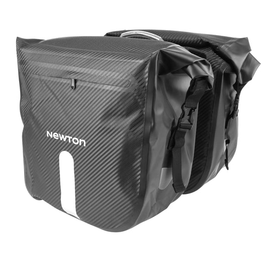 Newton Black Carbon-Look Double Rear Bicycle Pannier 25L with Velcro Strap Rack Mounting 56x30x15cm Anti-Rain Roll-Top Closure