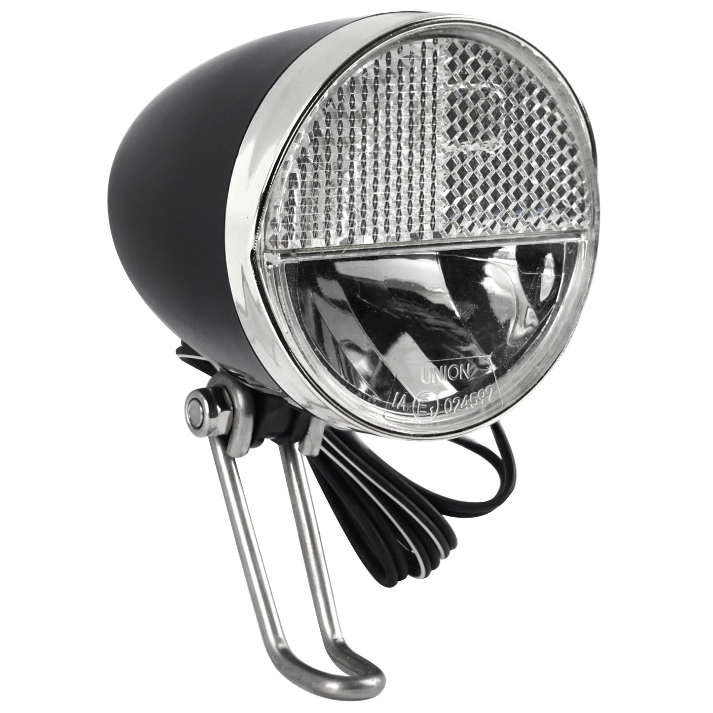 Bicycle light for front dynamo hub on Dutch-style fork 30 lux on-off switch button
