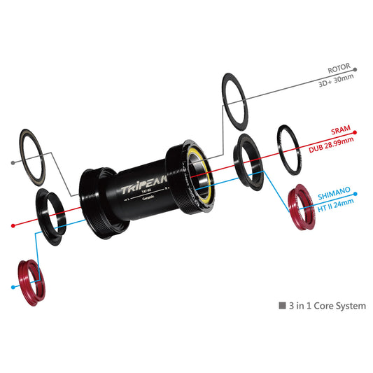 Tripeak 3-in-1 ceramic integrated threaded bottom bracket, road/MTB, 68-73 mm shell, 47 mm diameter, for 24 mm/28.99 mm/30 mm axle (Sram DUB/Rotor 3D/Shimano compatible)